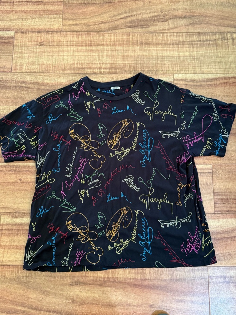 Bode signature Black Short-Sleeve Tee with Multicolor Script Print